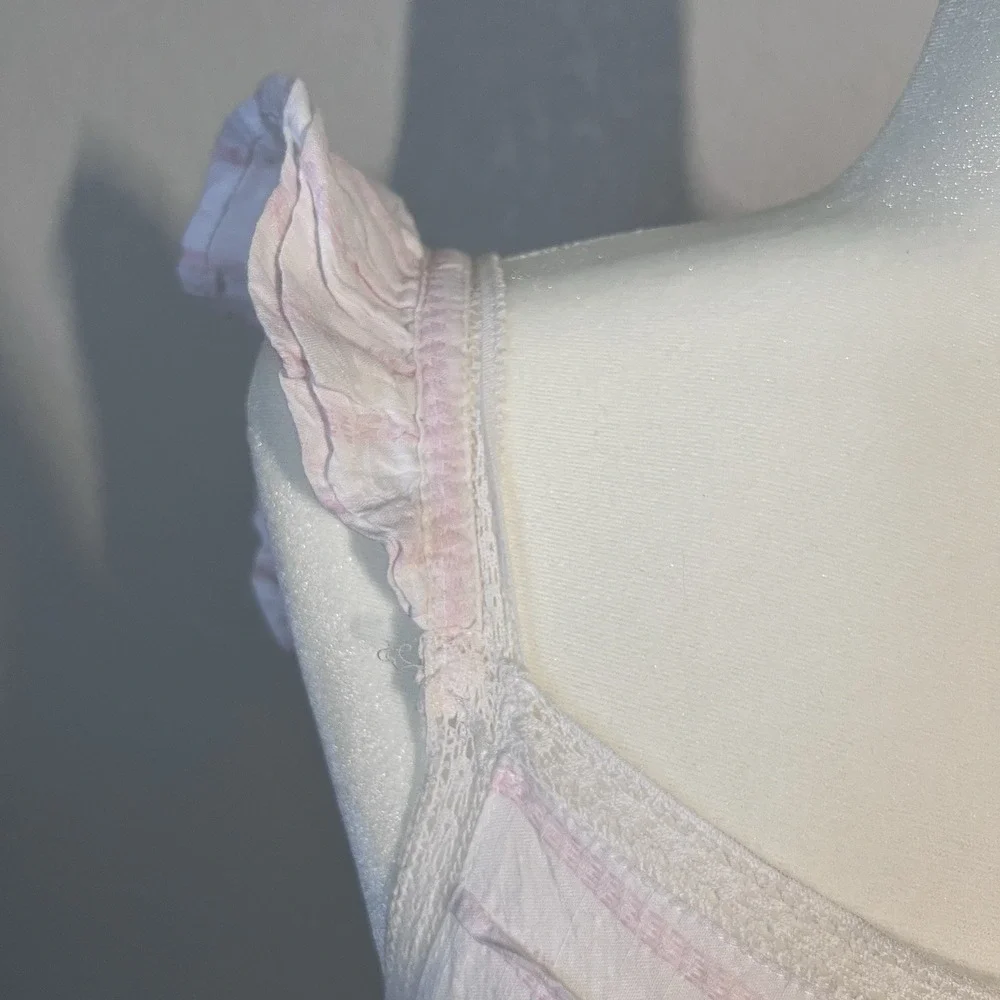 Shabby Chic White Pink‎ Striped Nightgown Square Neck Lace Ruffle Cotton Size M